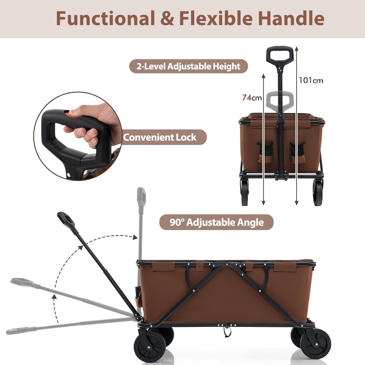 Brown Folding Garden Trolley Cart 170L Collapsible Wagon w/ Adjustable Handle