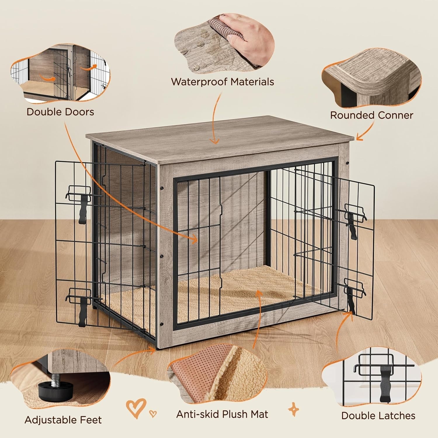 Stylish Indoor Dog Crate Furniture with Cushion Double Doors 80.5x55.5x63.5cm