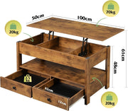 Lift Top Coffee Table with Storage Drawers & Hidden Compartment 100x50cm