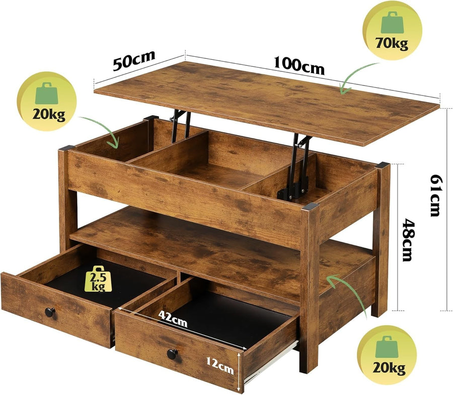 Lift Top Coffee Table with Storage Drawers & Hidden Compartment 100x50cm