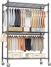 Heavy Duty Double Rod Clothes Rail with Shelves & Wheels – Black 205cm