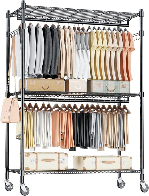 Heavy Duty Double Rod Clothes Rail with Shelves & Wheels – Black 205cm