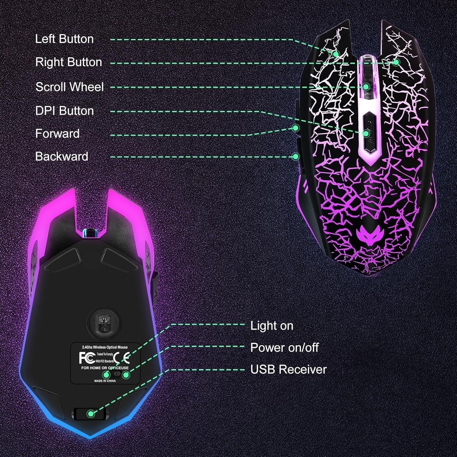 Rechargeable Wireless Gaming Mouse RGB 2400 DPI Silent 6 Buttons