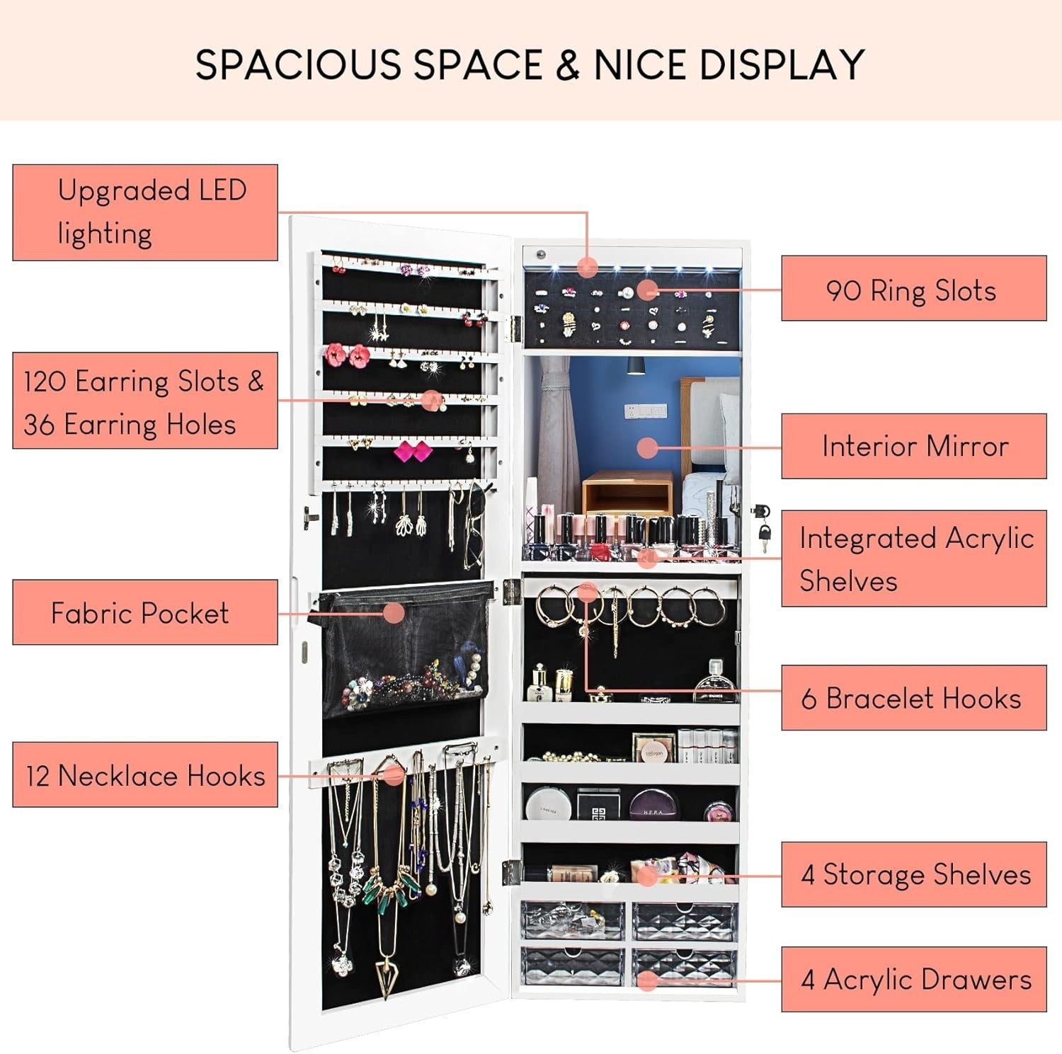 Wall Mounted Jewelry Cabinet LED Light Full Length Mirror Lockable Storage