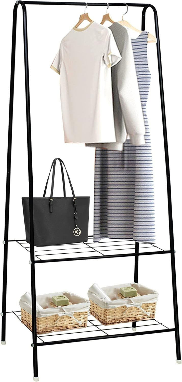 Black Clothes Rail Stand with Metal Shelf 1.5m Space Saver