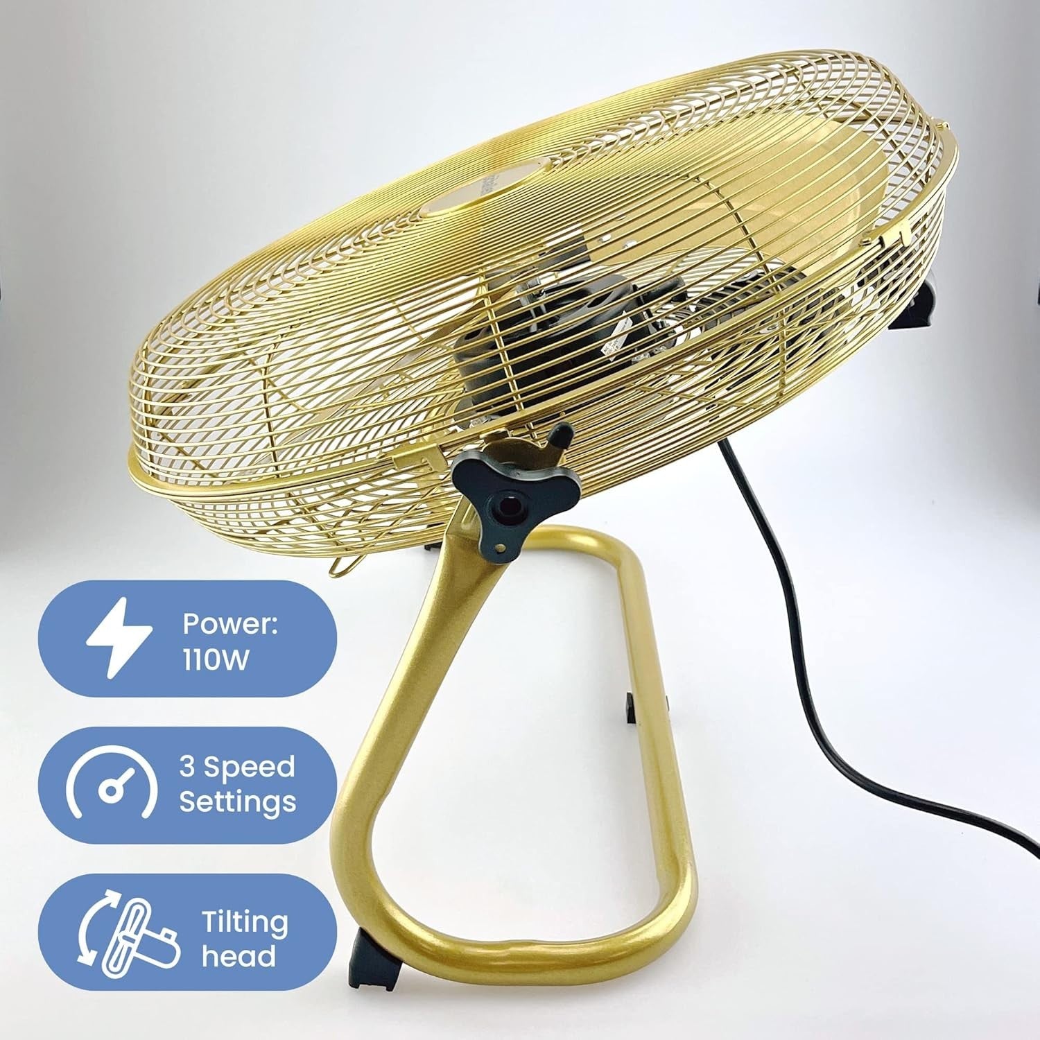 18-Inch Metal Floor Fan – Gold 3-Speed High Velocity Adjustable Airflow Fan