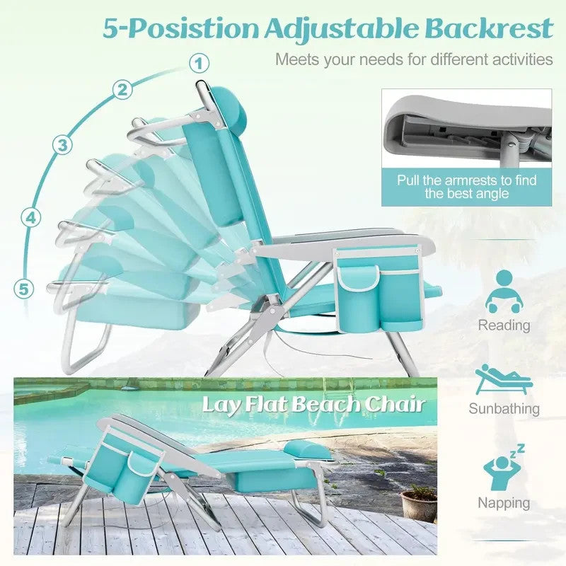 Folding Backpack Beach Chair 5-Position Recliner W/ Towel Rack