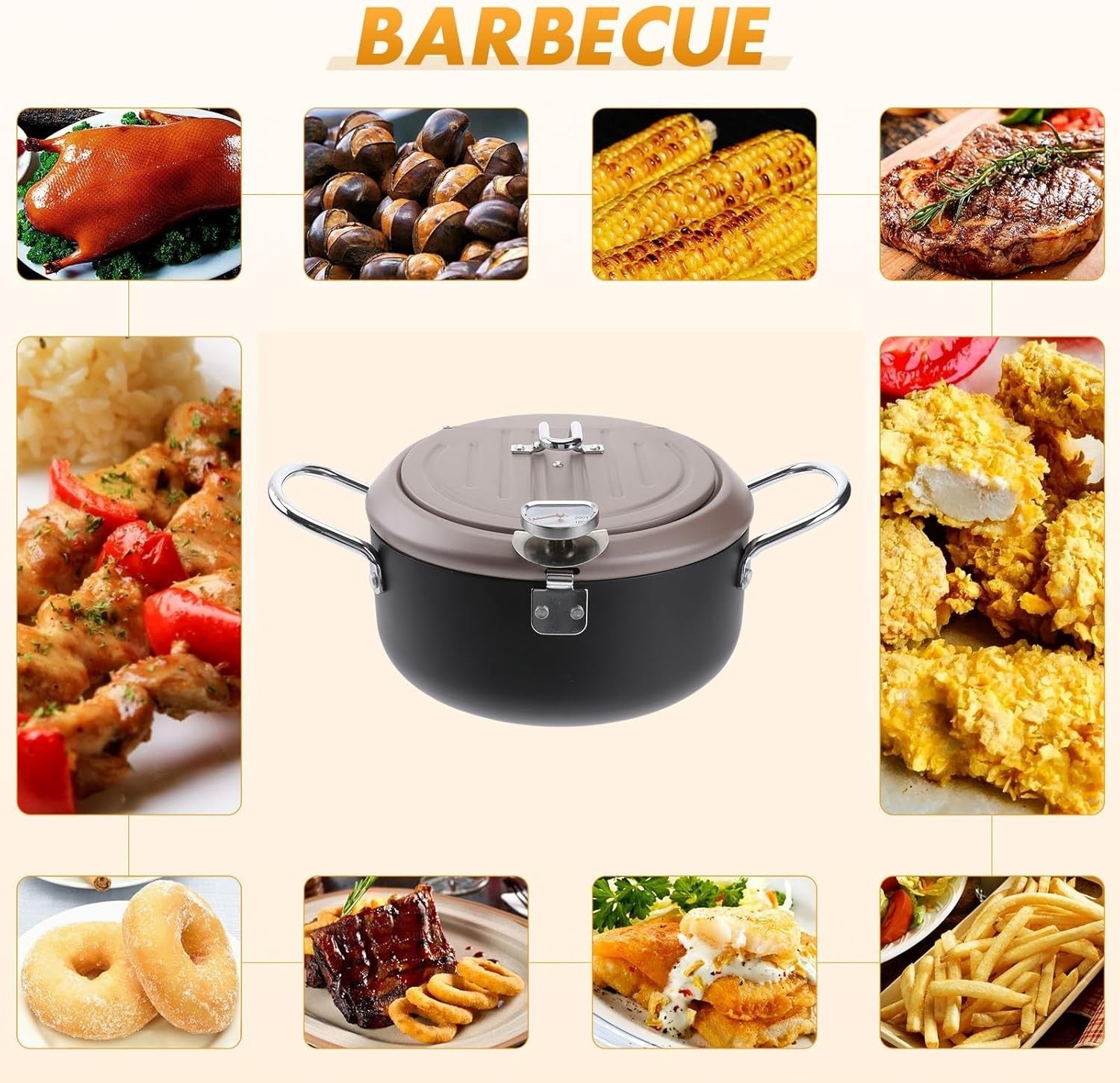 Japanese Style Deep Fryer Pan 20cm With Thermometer Lid Oil Rack