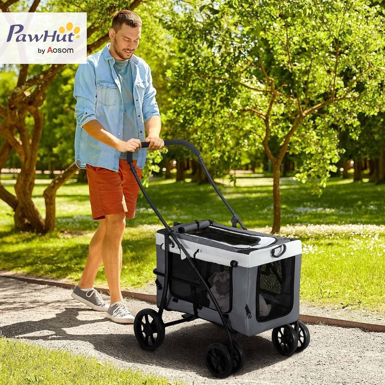 Dog Stroller Grey Detachable Carrier Pet Pram Small Dogs Safety Leashes
