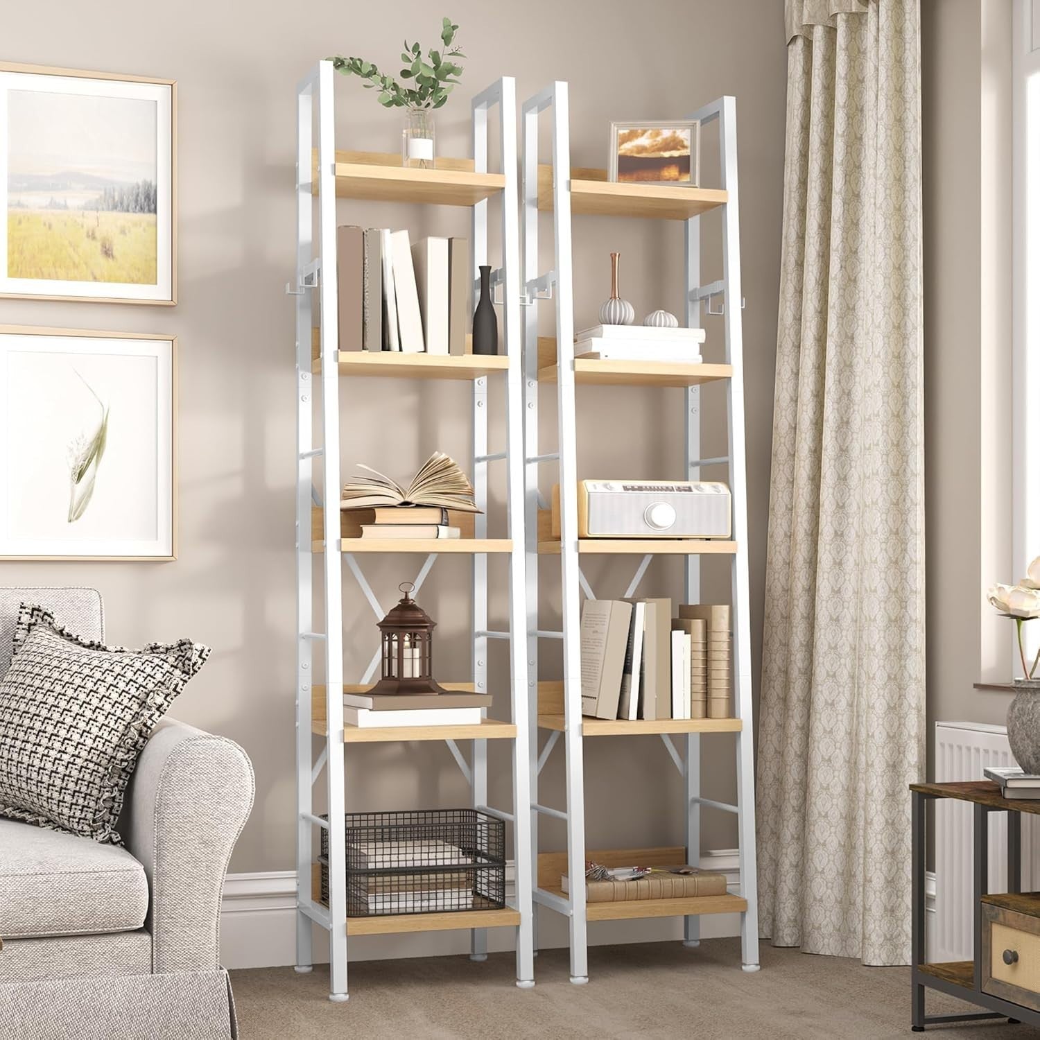 Slim 5 Tier Ladder Bookcase Narrow Storage Shelf Metal Wood Unit