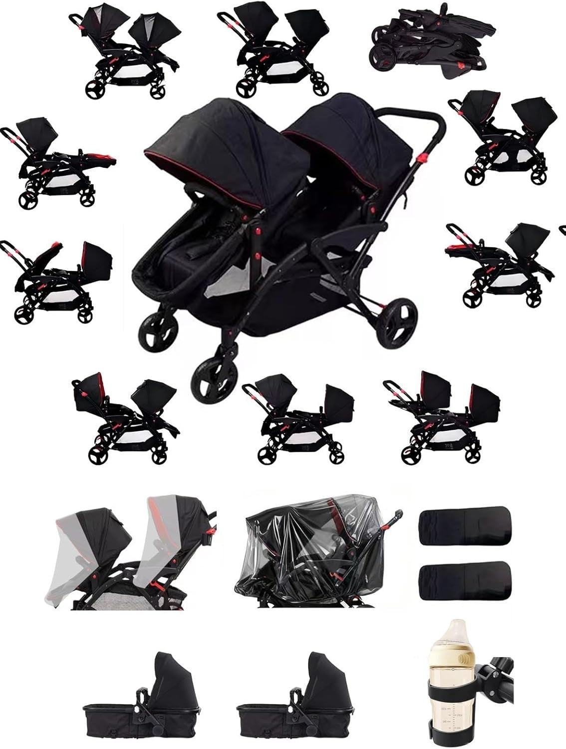 Twin Baby Pram 2 in 1 Double Pushchair Reversible From Birth to 22kg