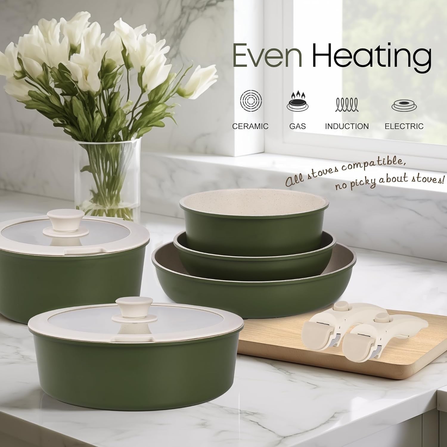 5Pcs Green Pots Pans Set with Glass Lids & Detachable Handle Induction Safe