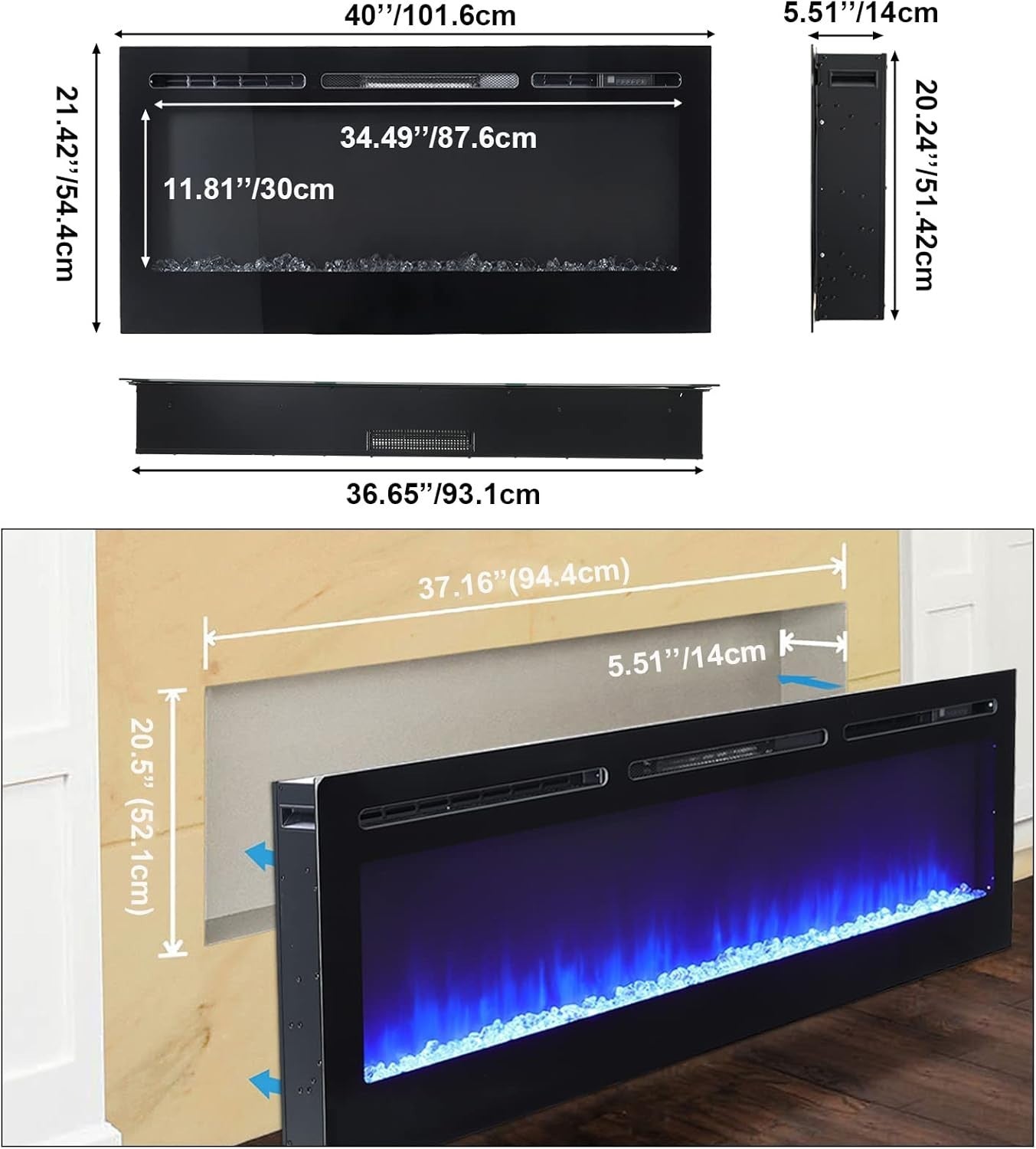 102cm Wall-Mounted Electric Fireplace with Remote & 12 LED Flame Colors