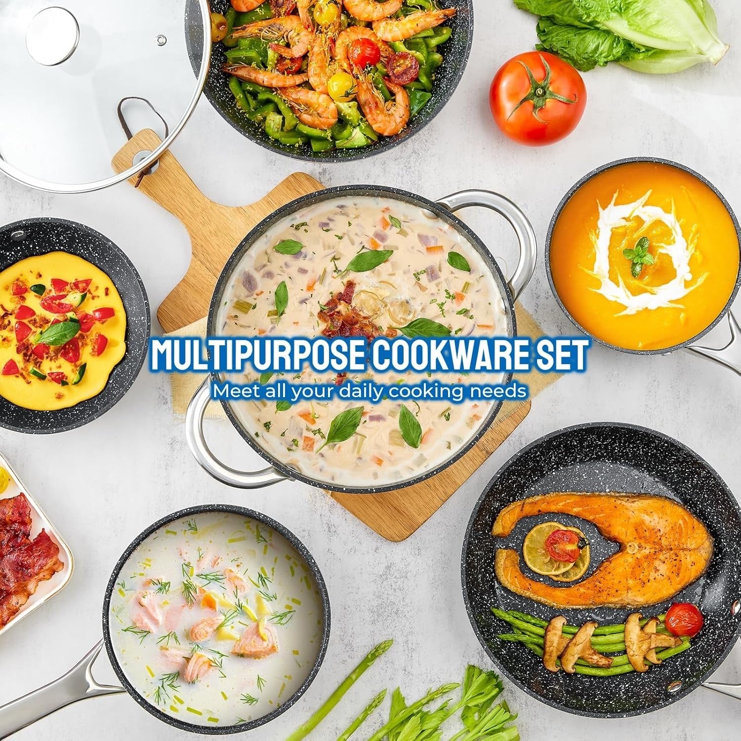 10Pcs Grey Non Stick Induction Cookware Set with Frying Pans & Glass Lids