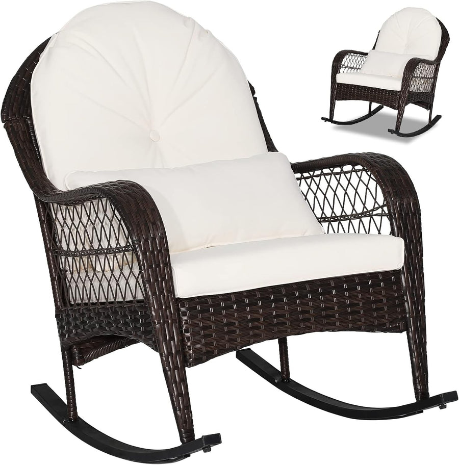 White Rattan Rocking Chair Cushioned Patio Garden Porch Outdoor Relax Armchair