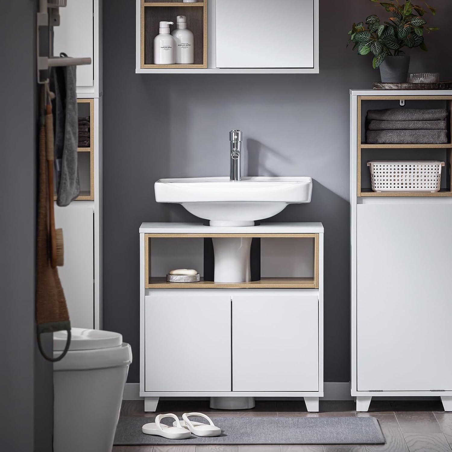 White Under Sink Bathroom Cabinet 60x30x61cm Slim Storage Cupboard Unit
