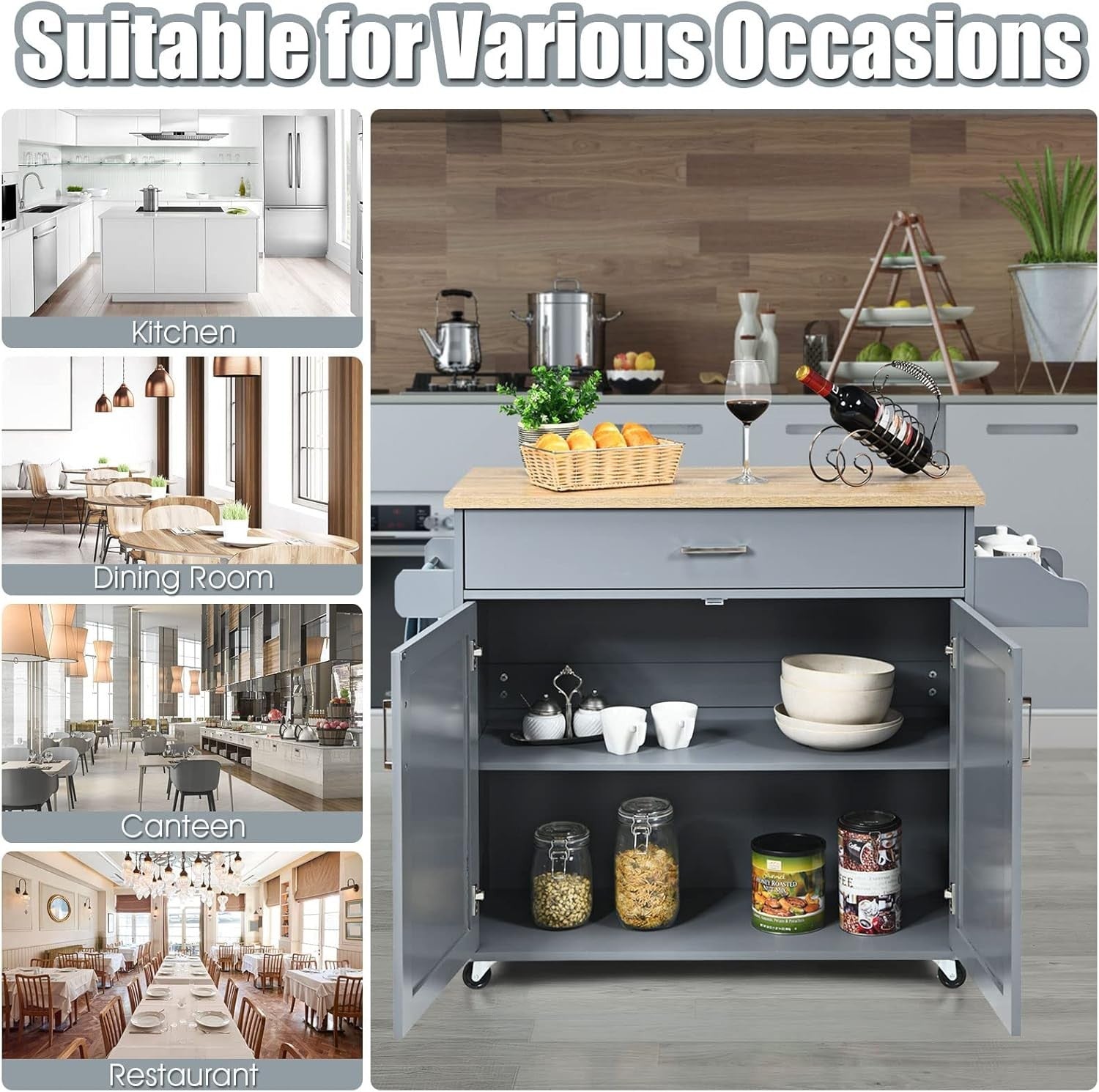 Rolling Kitchen Storage Cart with Adjustable Shelf, Drawer & Lockable Wheels