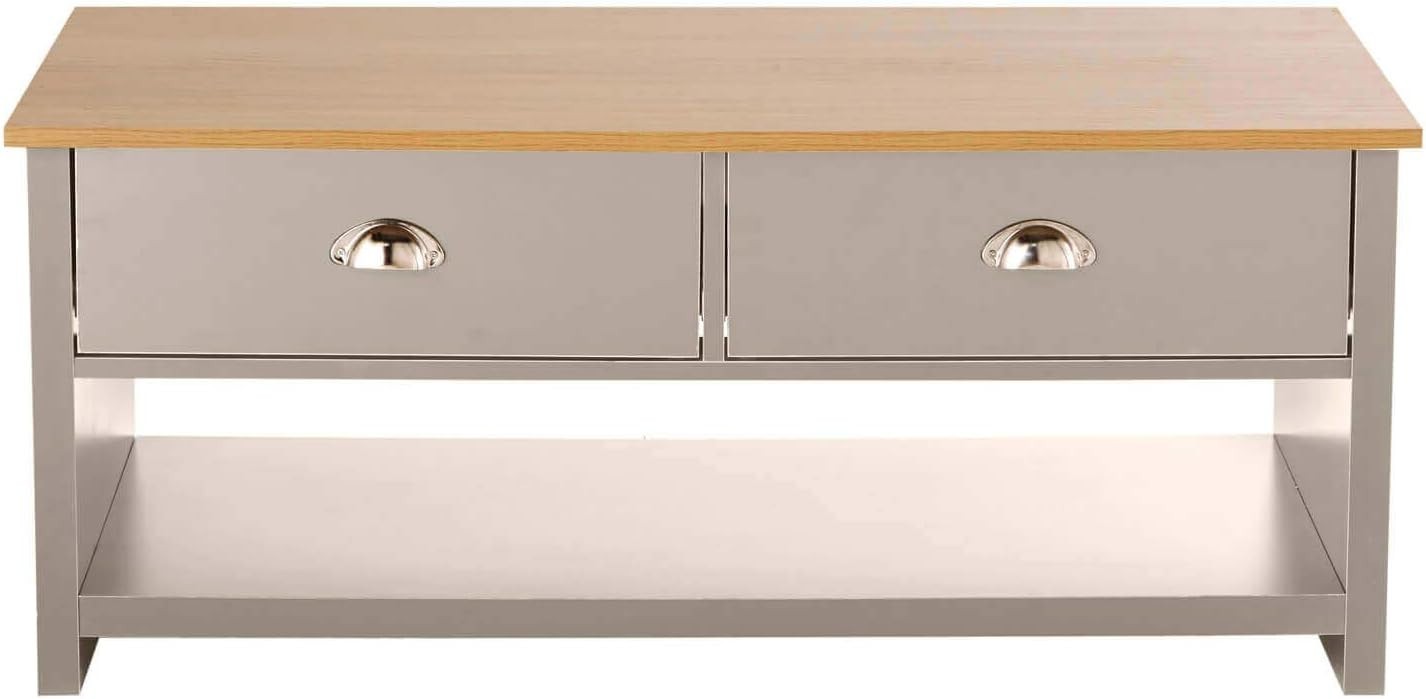 Modern Grey Coffee Table with Oak Effect Top & 2 Drawers Storage 100cm