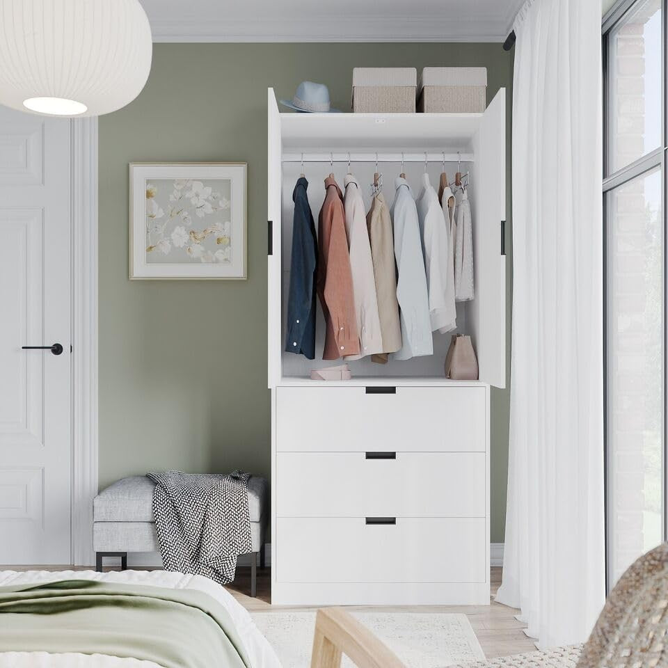 White 2 Door Wardrobe with 3 Drawers & Hanging Rail - Bedroom Storage Unit