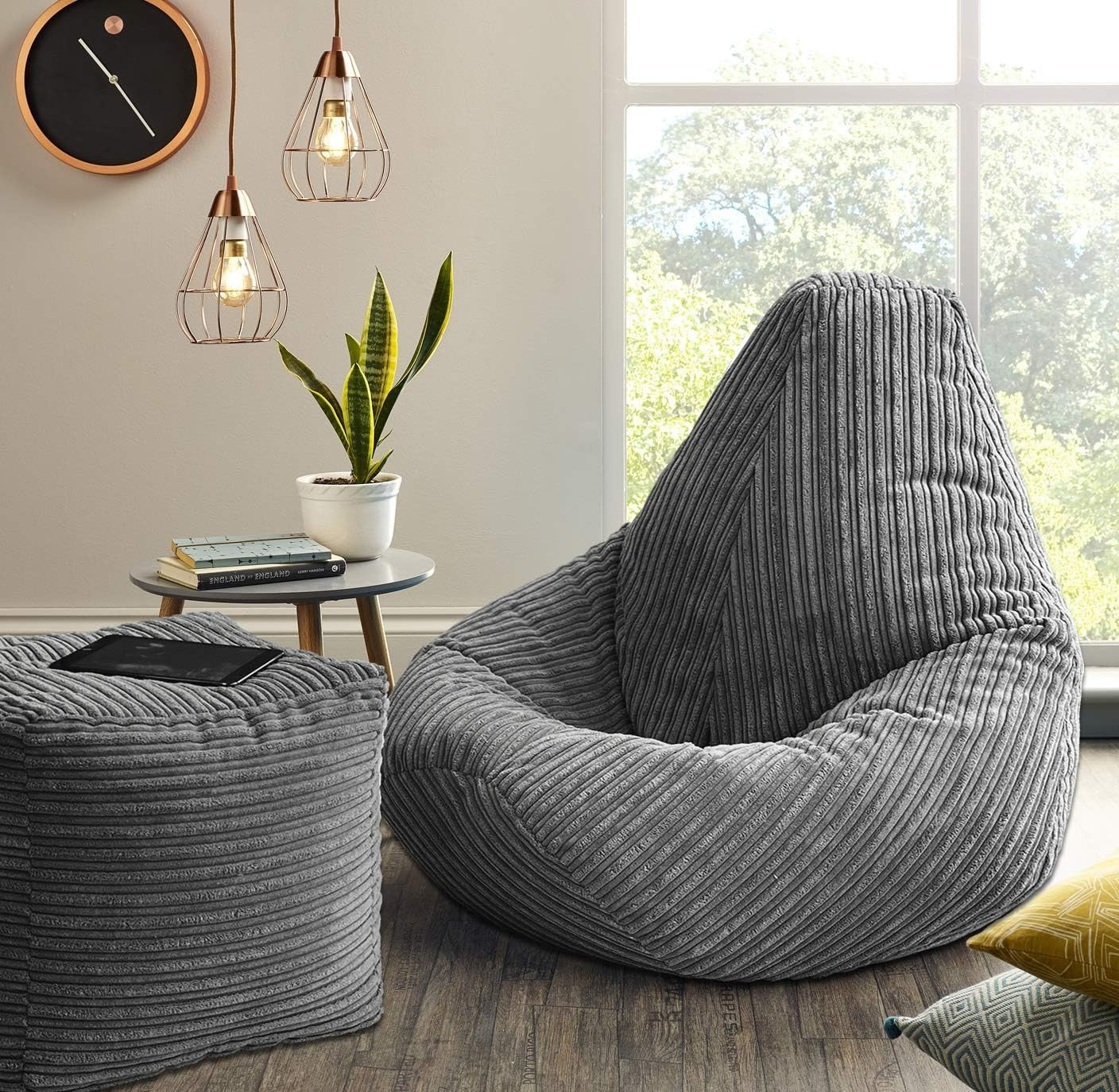 Grey Jumbo Cord Bean Bag Chair Adult High Back Seat Lounger Recliner