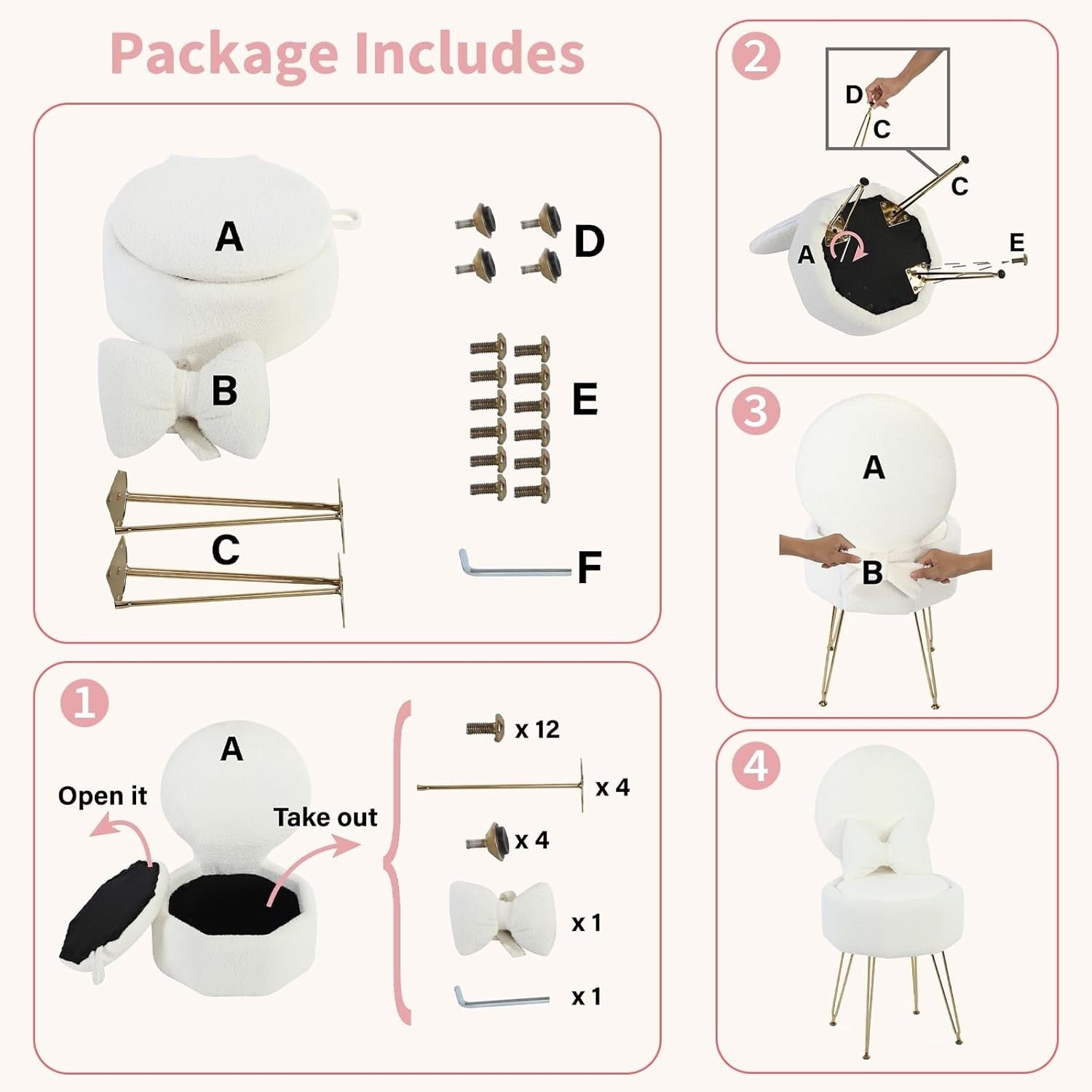 White Sherpa Vanity Chair with Storage & Foldable Back – Makeup Stool