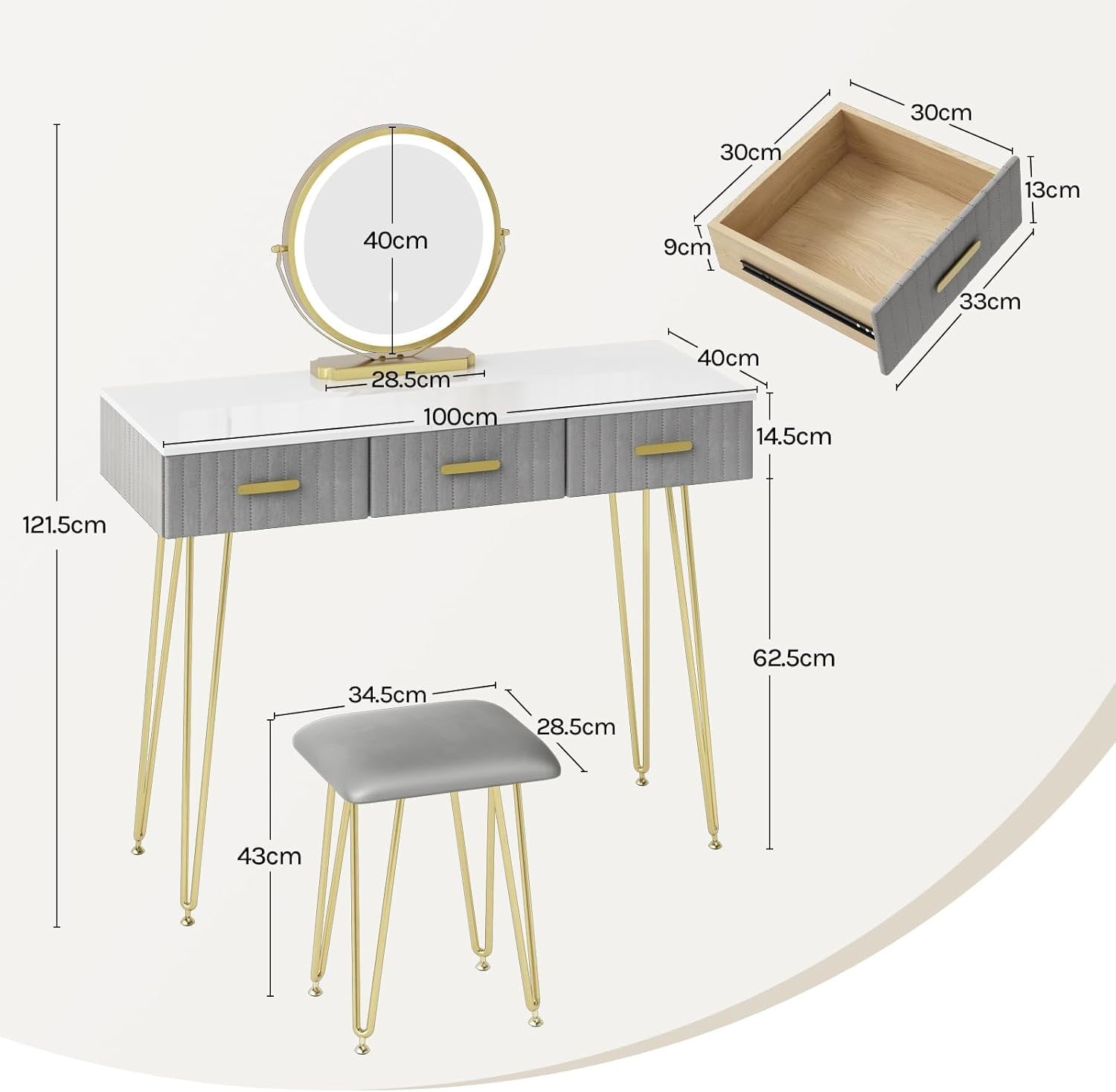 Velvet Vanity Dressing Table Set LED Mirror Stool 3 Drawers Desk White Gold