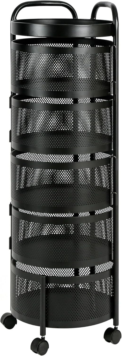 5 Tier Rotating Fruit Basket Trolley Rolling Metal Storage Cart Black