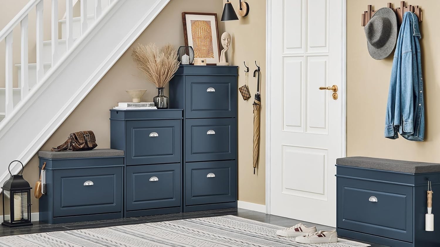 Slim 2-Drawer Shoe Cabinet with Adjustable Shelves, 54x24x83 cm Navy