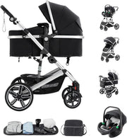 3-in-1 Baby Pram Travel System Black 0-4Y Adjustable Handle Car Seat