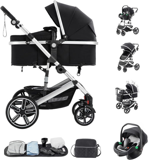 3-in-1 Baby Pram Travel System Black 0-4Y Adjustable Handle Car Seat