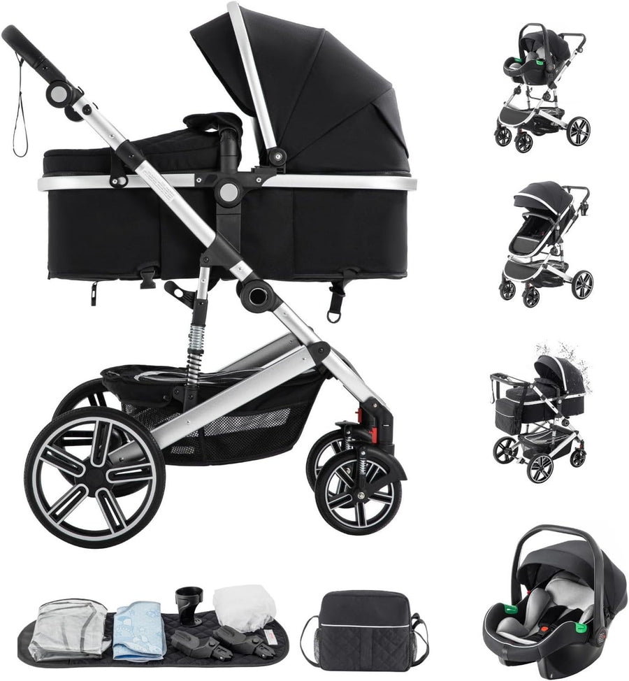 3-in-1 Baby Pram Travel System Black 0-4Y Adjustable Handle Car Seat