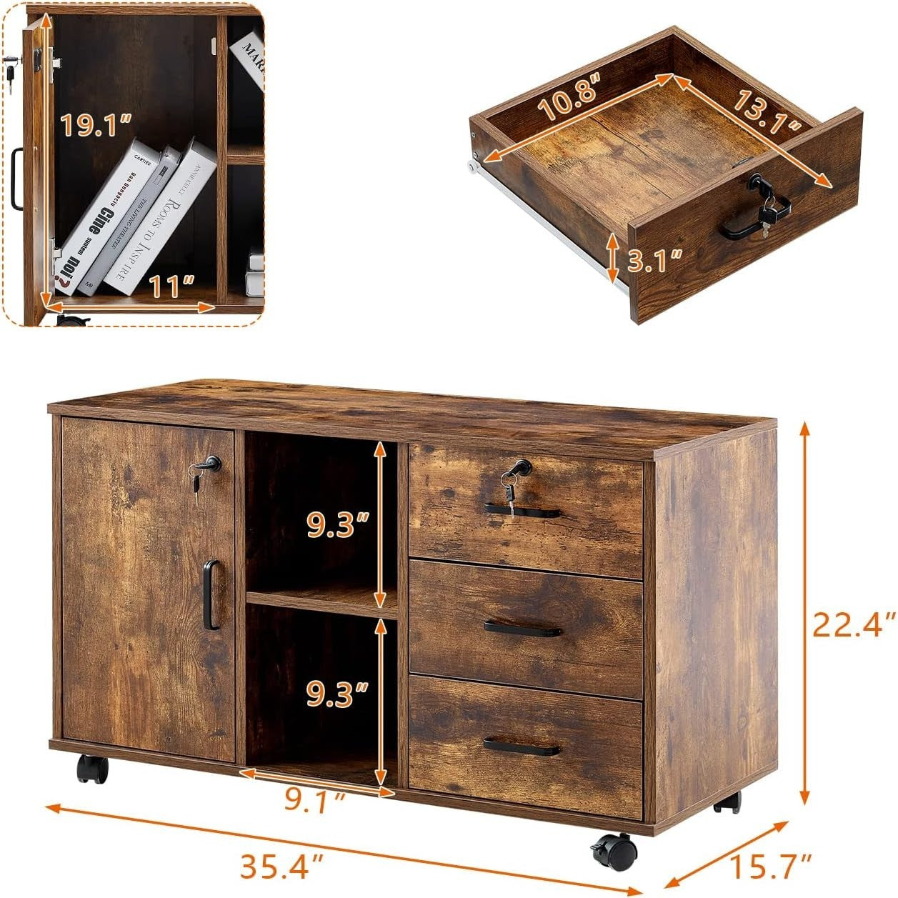 Rustic Brown Locking Rolling File Cabinet 3 Drawer Large Printer Stand