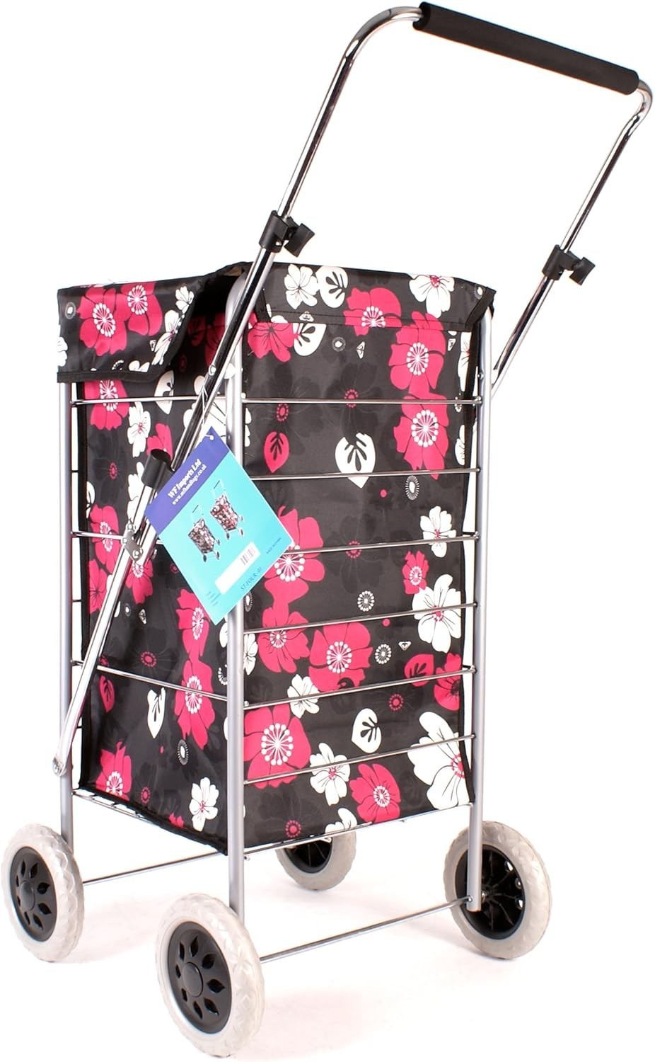 4 Wheel Shopping Trolley Adjustable Handle Floral Print 63L Bag Black
