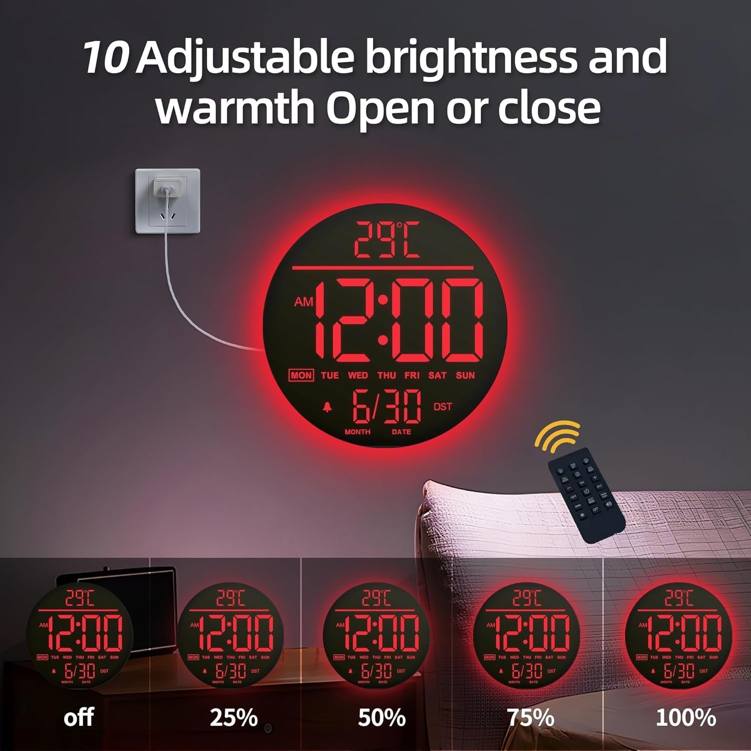 Red LED Digital Wall Clock 10 Inch Remote Control Night Light Display