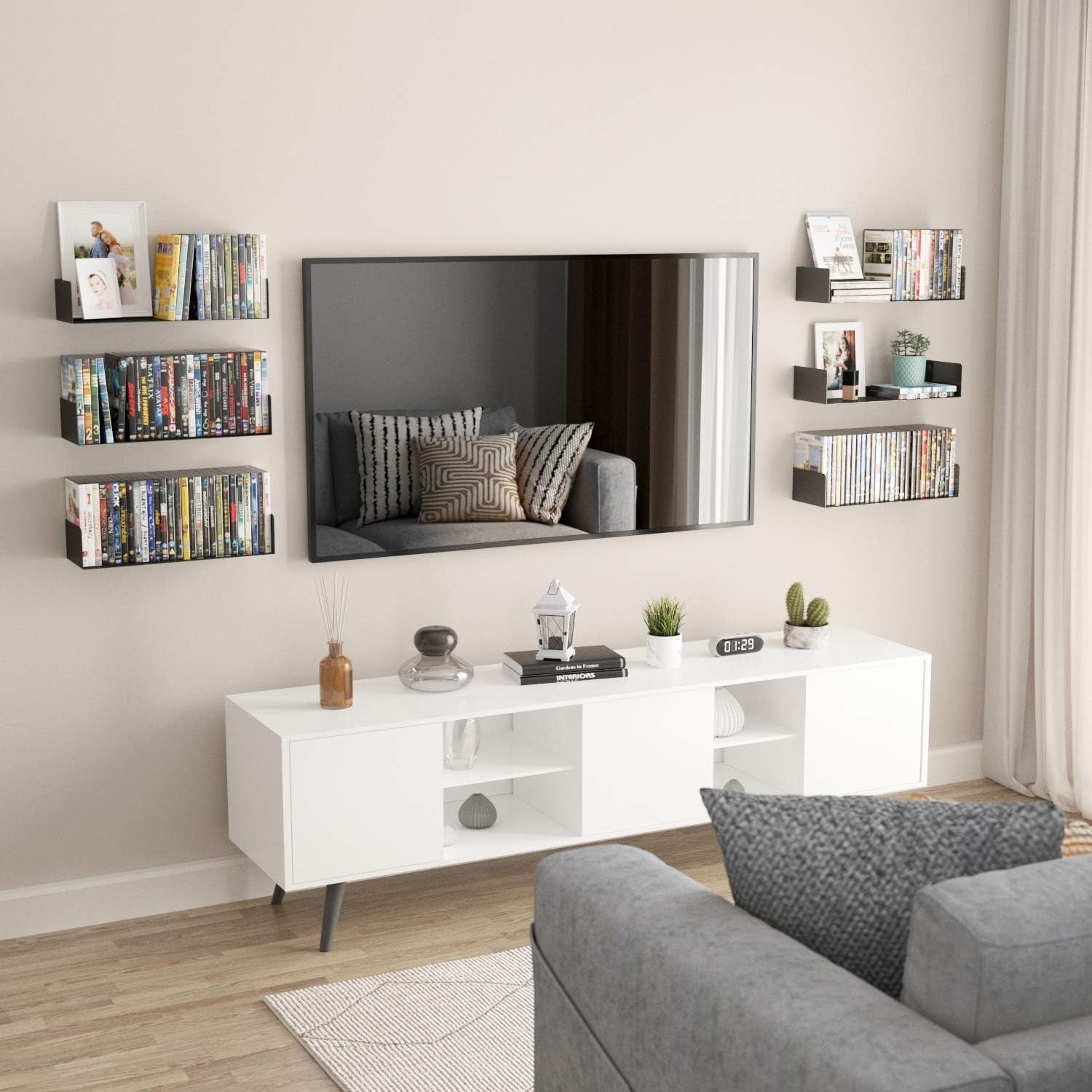 Black Floating Wall Shelves Set of 6 CD DVD Storage Metal Bookshelf