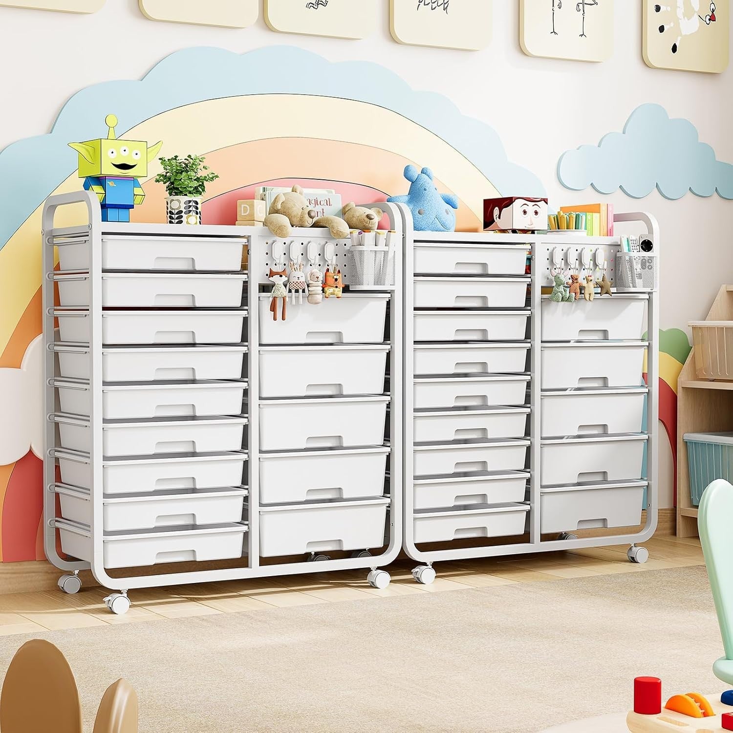 14 Drawer Craft Storage Trolley Cart with Pegboard & Wheels White