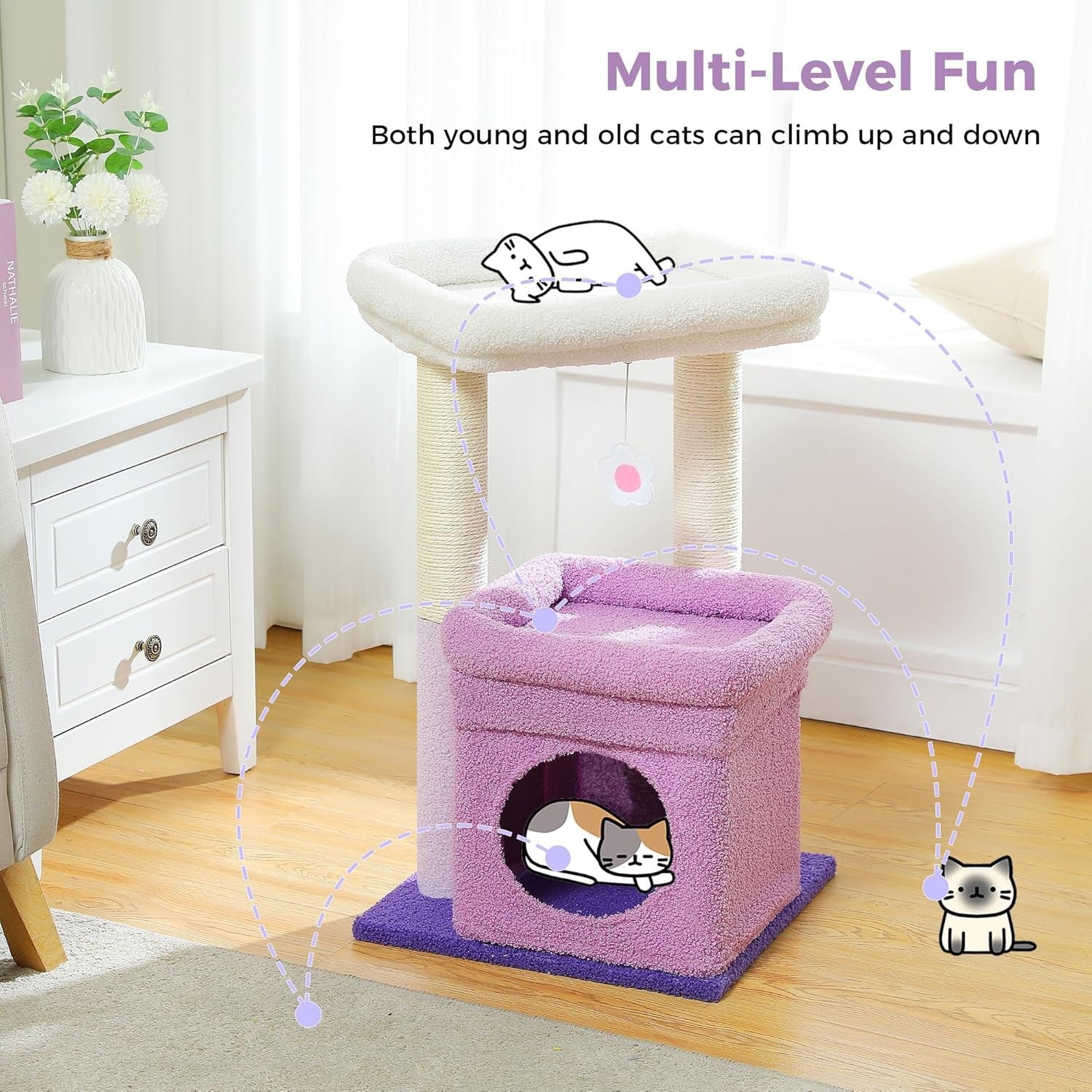 Small Cat Tree Tower with Condo Top Perch Sisal Scratching Post Purple