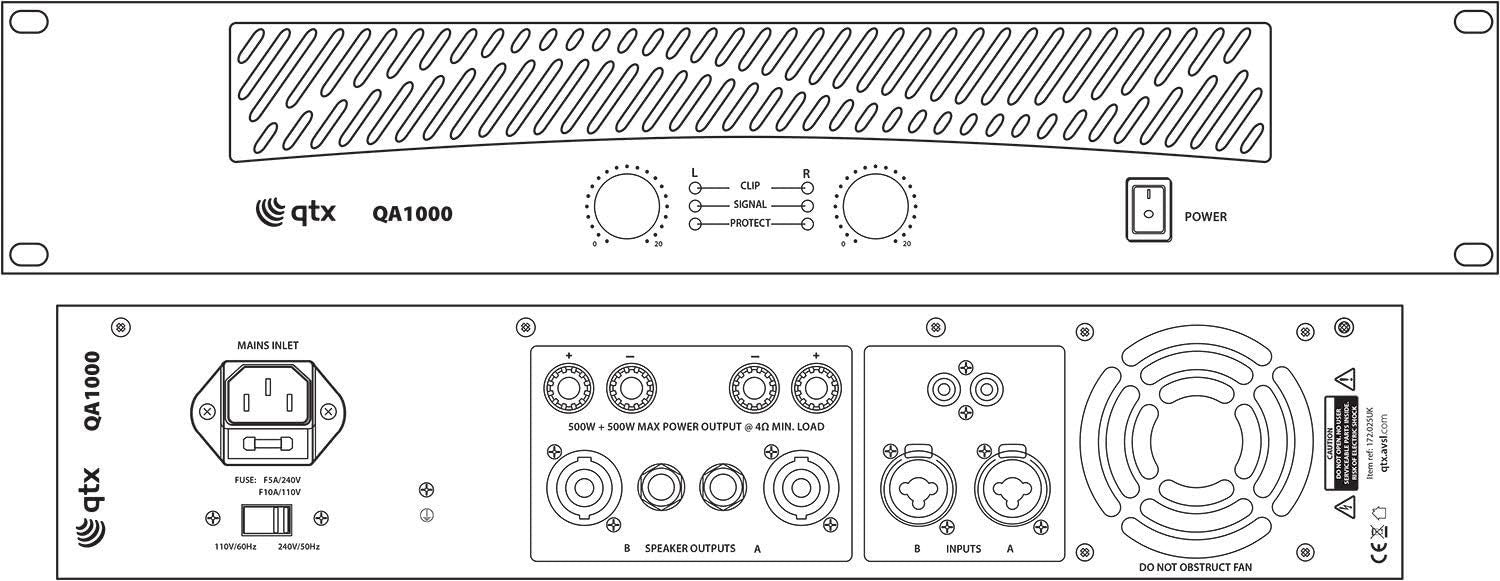 QA1000 1000W Stereo Power Amplifier 2U Rack Mount Balanced Inputs