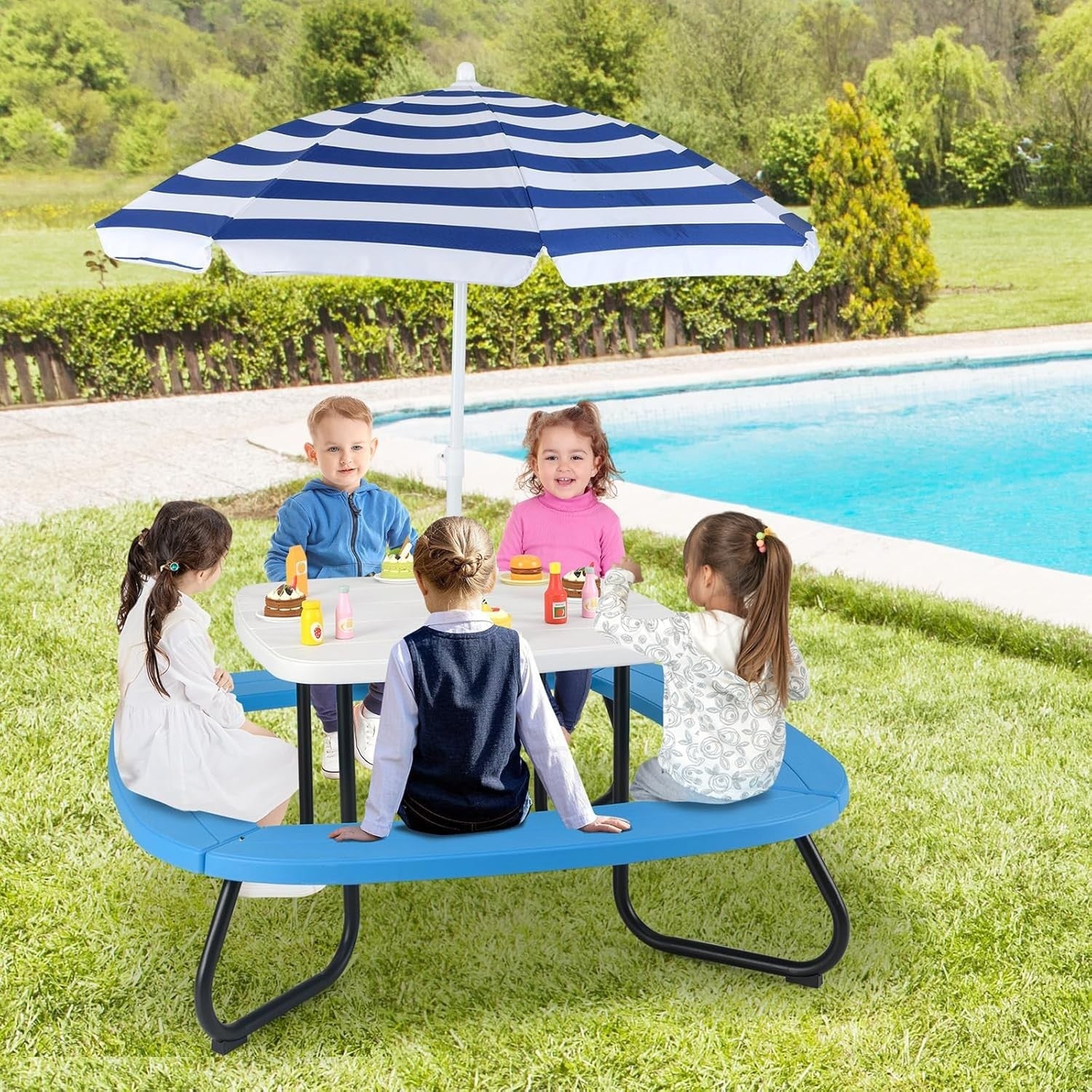 Kids Outdoor Picnic Table & Chairs Set with Adjustable Umbrella, Seats 8