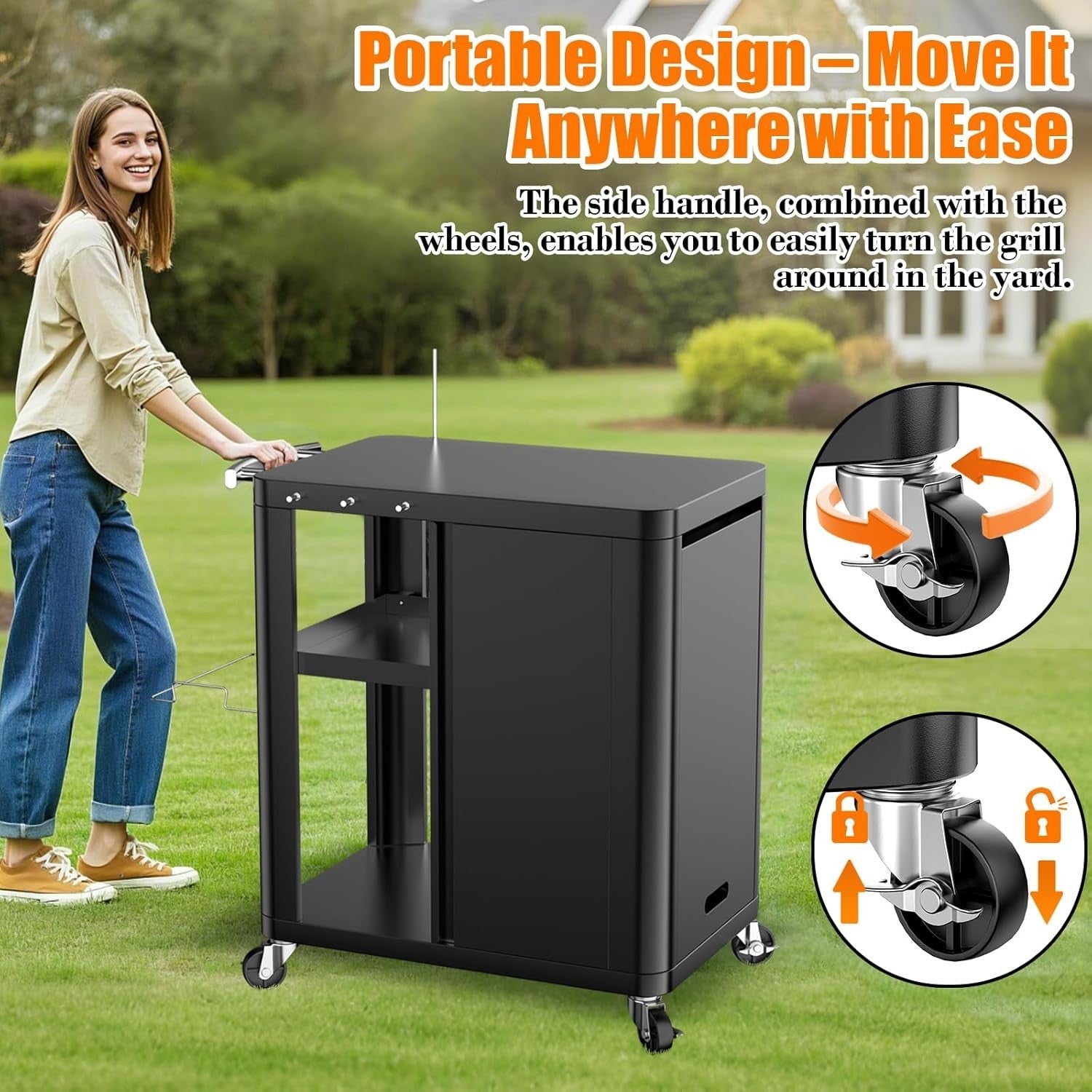 Outdoor BBQ Grill Cart Table with Foldable Side Table Storage Hooks Wheels Black