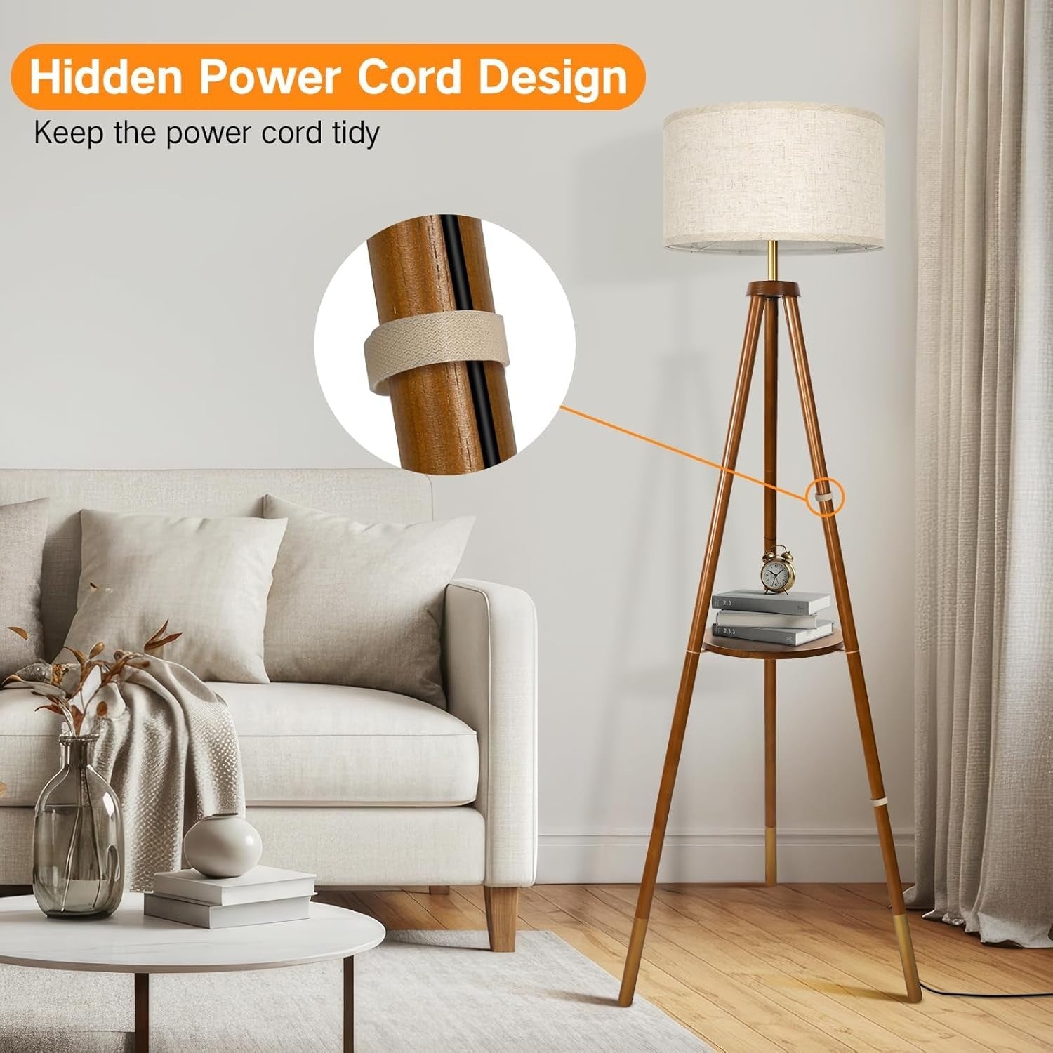 Dimmable Wooden Tripod Floor Lamp with Remote & Storage Shelf