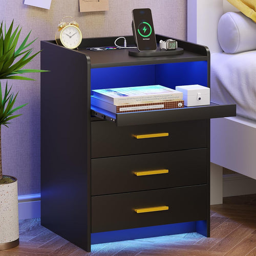 Black Bedside Table with LED Light, Charging Ports & 3 Drawer Storage Unit