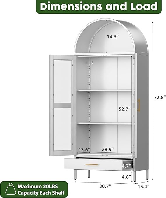 Tall Black Arched Pantry Cabinet – 4-Door Storage Unit with Glass Doors 185cm