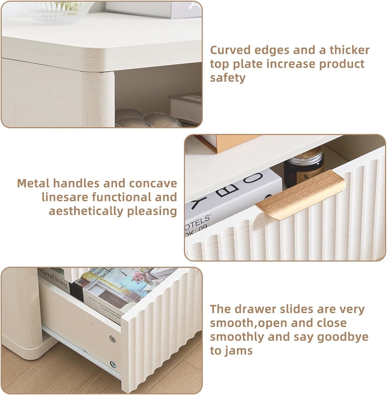 White Fluted Bedside Table with 2 Drawers Modern Nightstand Storage Cabinet