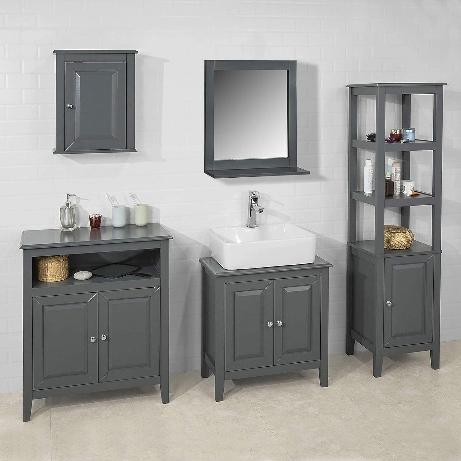 Dark Grey Bathroom Vanity Unit 2 Door Under Sink Storage Cabinet MDF Cupboard