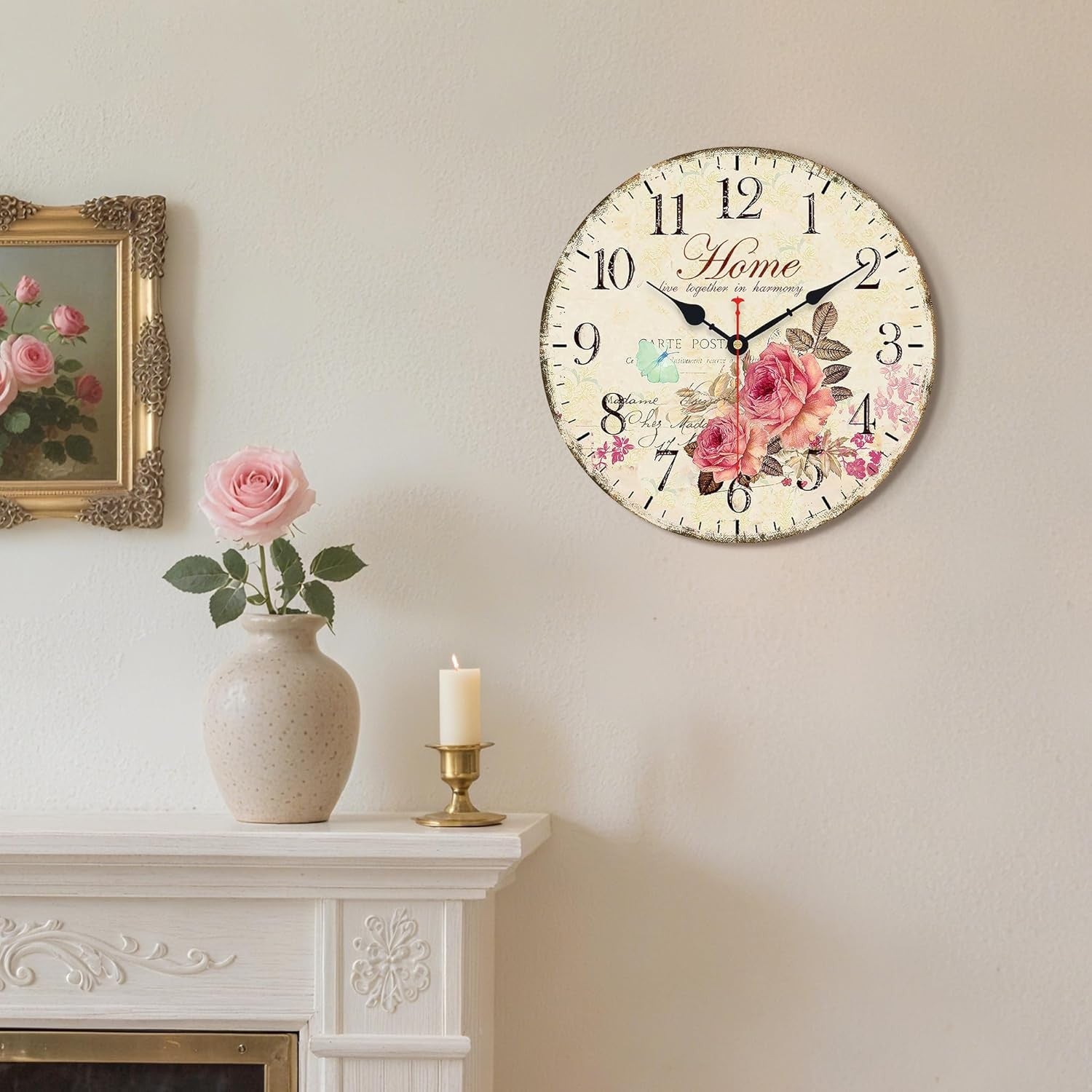 14” Vintage Floral Wall Clock Silent Non-Ticking Wooden Retro Arabic Numerals De
