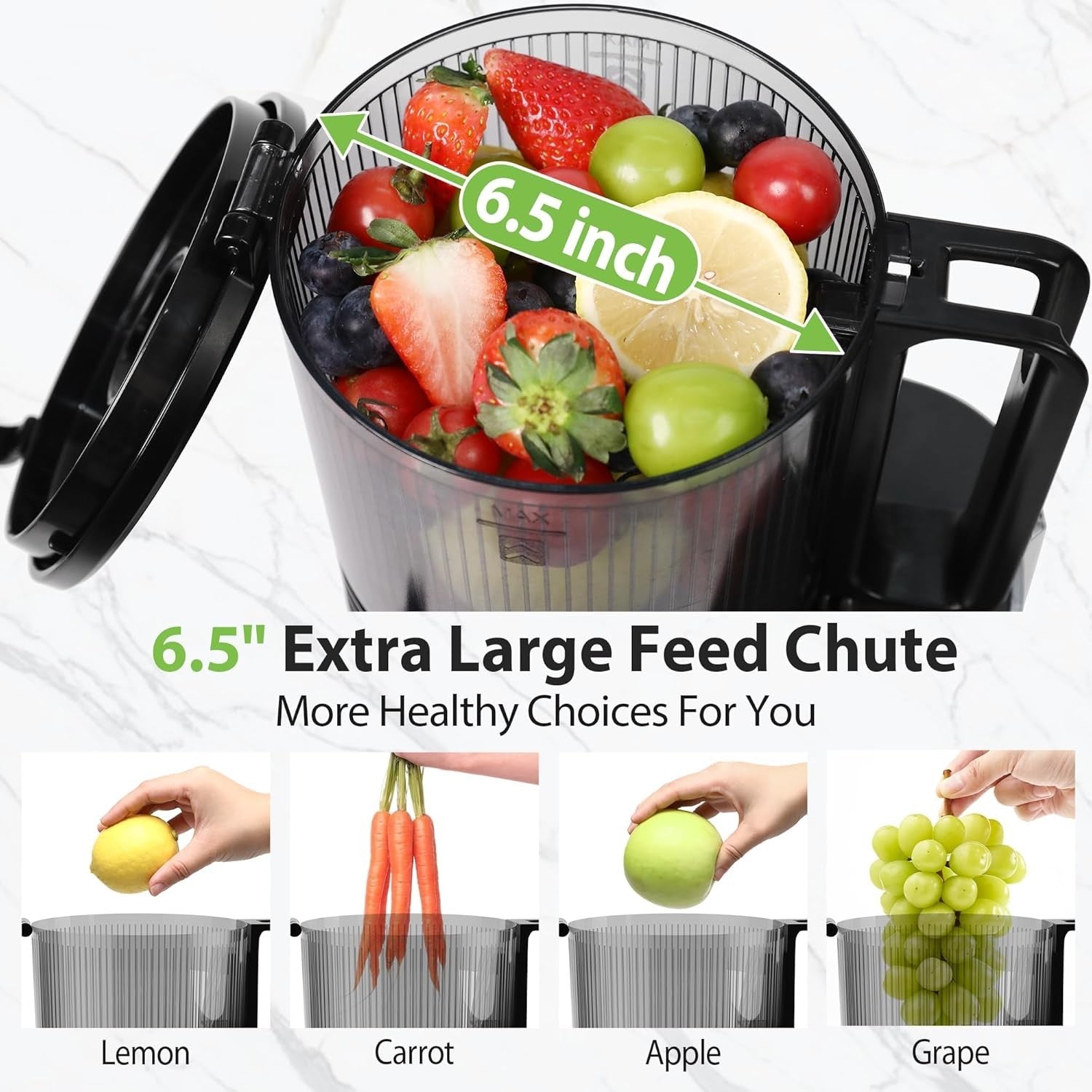 Cold Press Juicer 6.5in Extra Large Feed Chute Slow Chewing Machine