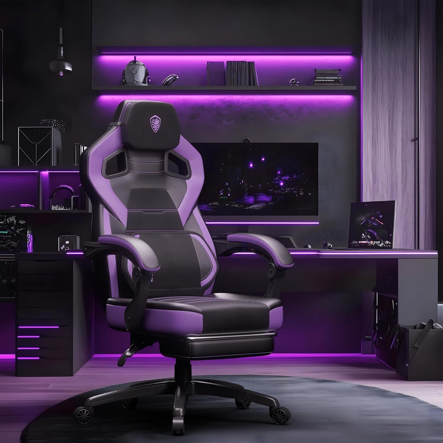 Gaming Chair Wide Back Ergonomic Office Desk Recliner Footrest Purple Leather