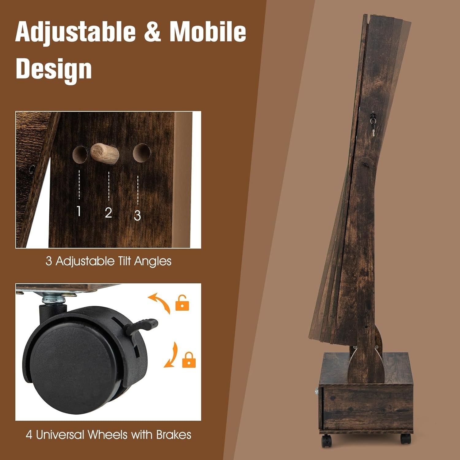 Coffee LED Jewellery Cabinet Lockable Full Length Mirror Mobile