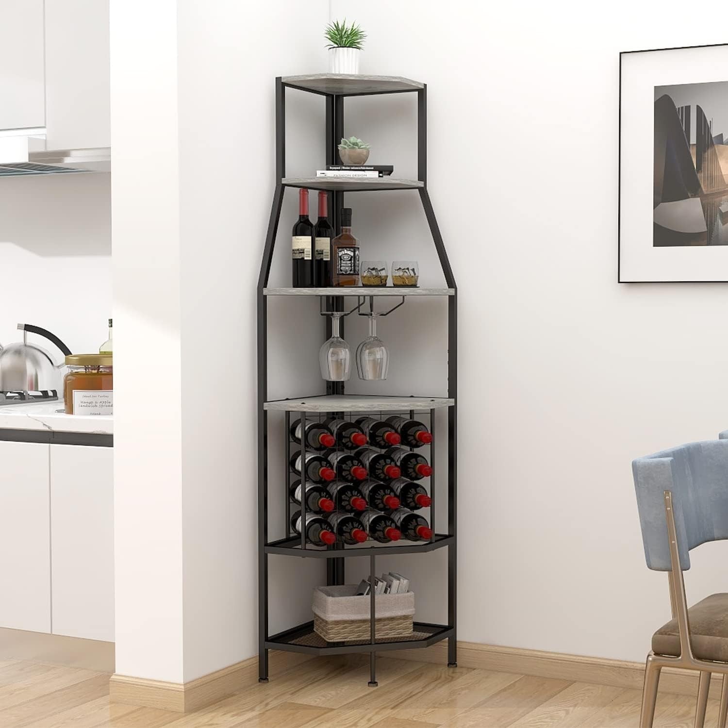 Corner Wine Rack Bar Cabinet with Glass Holder & 5-Tier Display Shelves for Home